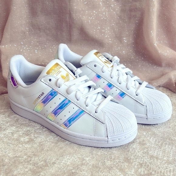 Brand New Adidas Originals Superstar White Lace Up Sneakers Iridescent 3-Stripe - Picture 2 of 16